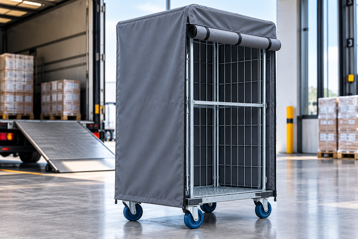 Schutzhülle für einen Rollcontainer in der Transportlogistik